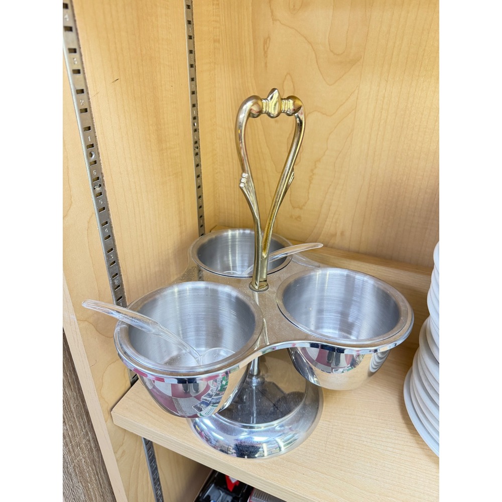 Vintage Kromex Condiment Server Caddy 3 Bowl Silver Tone Heart Handle MCM